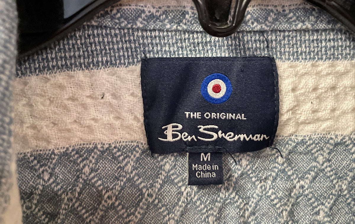 Ben Sherman Men's Blue White Textured Knit Vertical Stripe Button Up Shirt Sz M