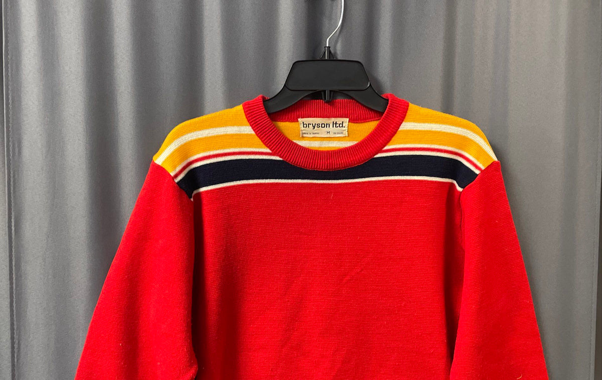 Vintage 70s Bryson Ltd Men's Red Striped Crewneck Acrylic Sweater Sz M
