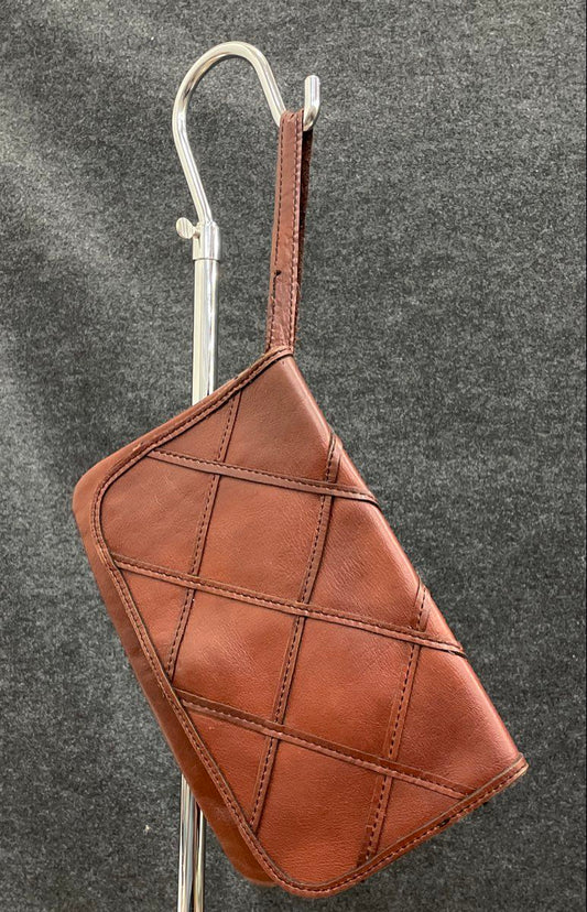 Vintage Brown Leather Quilted Grid Wristlet Clutch Bag Made in Hong Kong