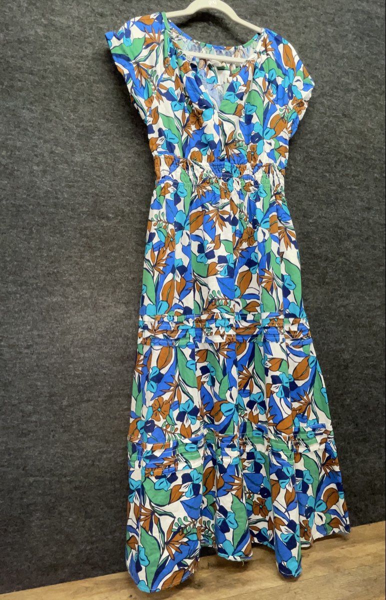 C&C California Women's Blue Tropical Floral Linen Blend Smocked Maxi Dress Sz S