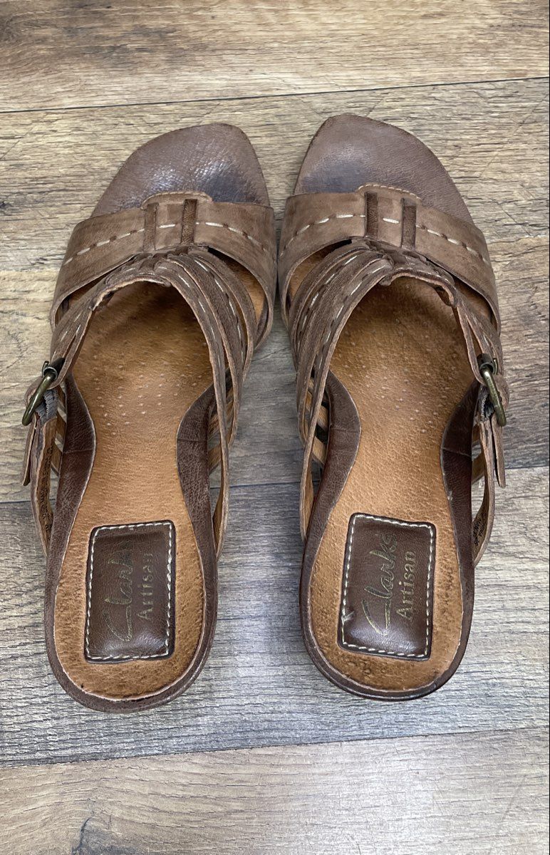 Clarks Artisan Brown Leather Strappy Wedge Sandals Mules Women's Size 7M