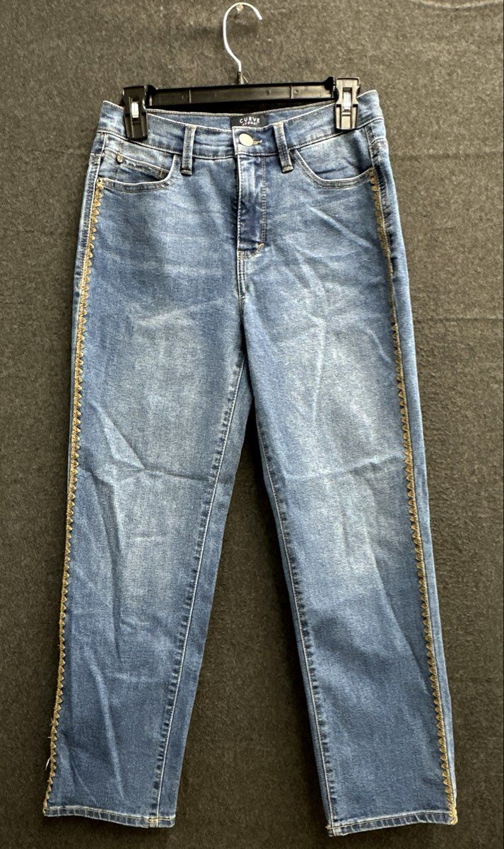 Curve Appeal Women's Blue Jeans Gold Embroidered Trim Side Seam Sz 4/27
