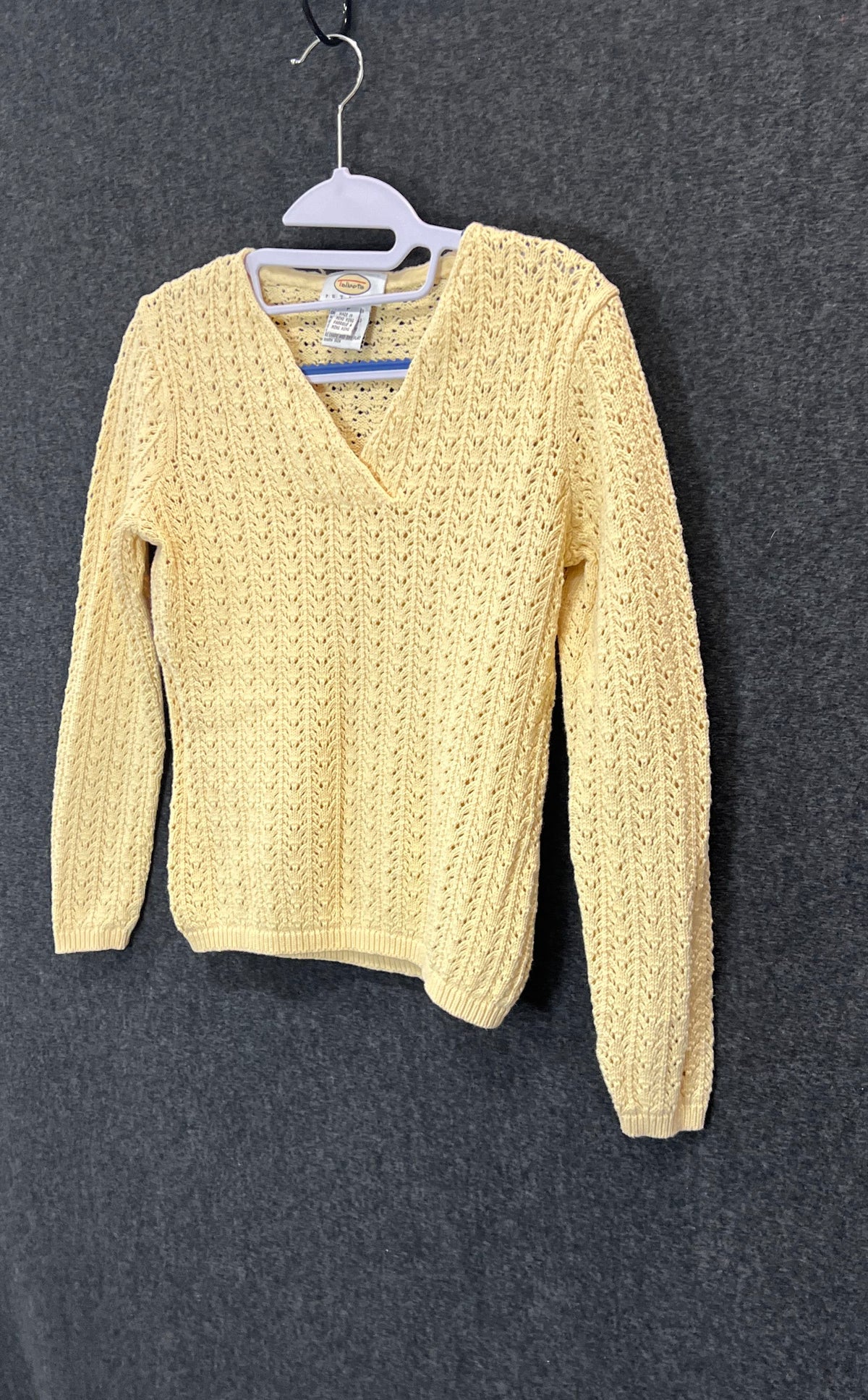 Talbots Women's Vintage 90s Yellow Open Knit Cotton V-Neck Sweater Sz Petite P