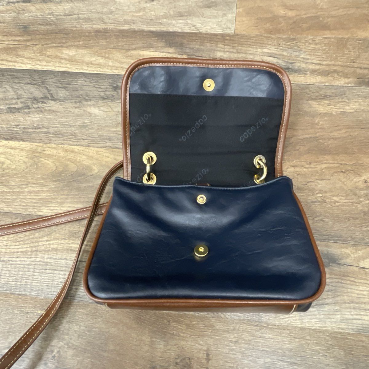 Vintage 80s Capezio Navy Blue Brown Leather Crossbody Bag Gold Hardware