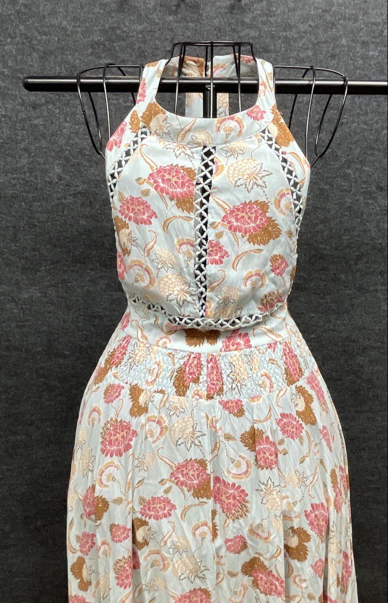 Women's Floral Halter Maxi Dress Blue Pink Crochet Trim Smocked Waist Tie Back
