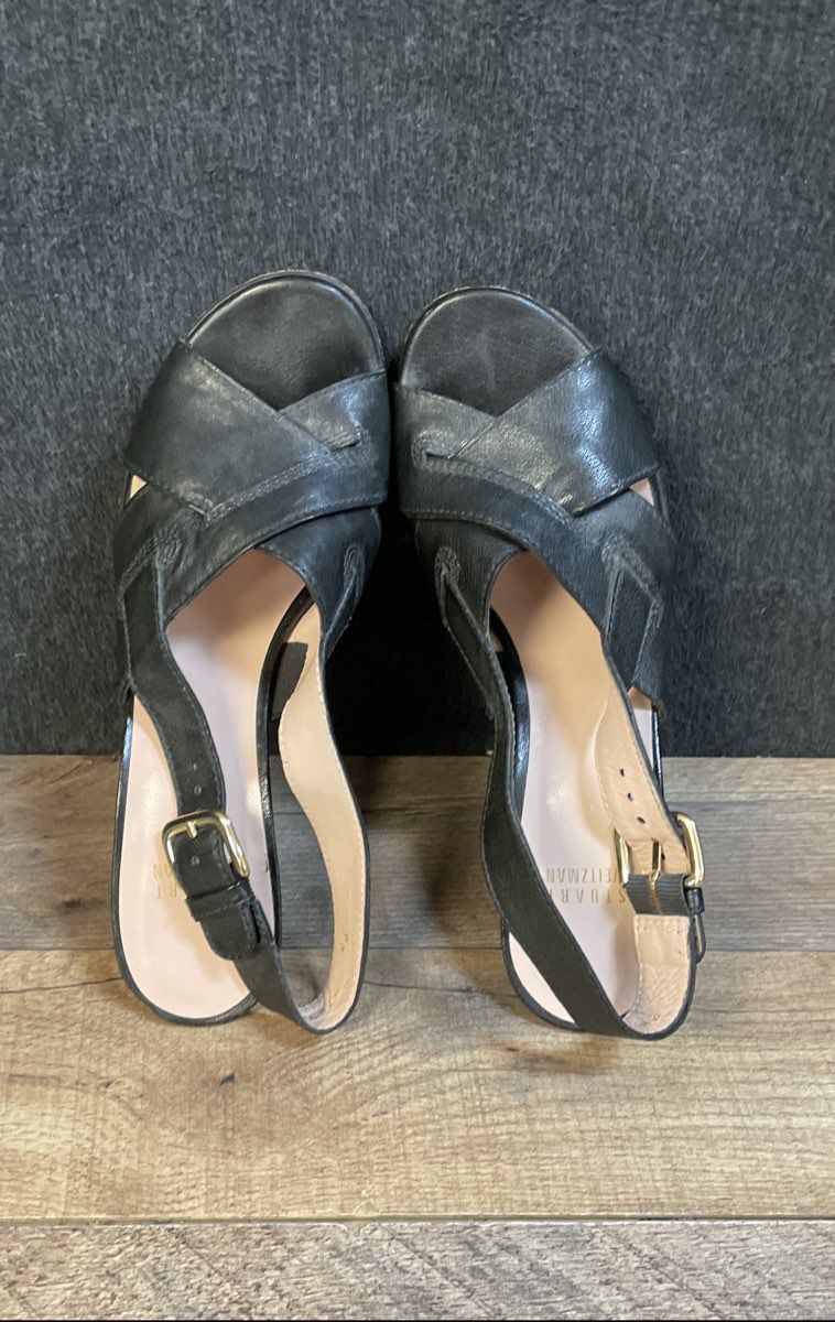 Stuart Weitzman Black Leather Cross Strap Slingback Wedge Sandals Size 8M