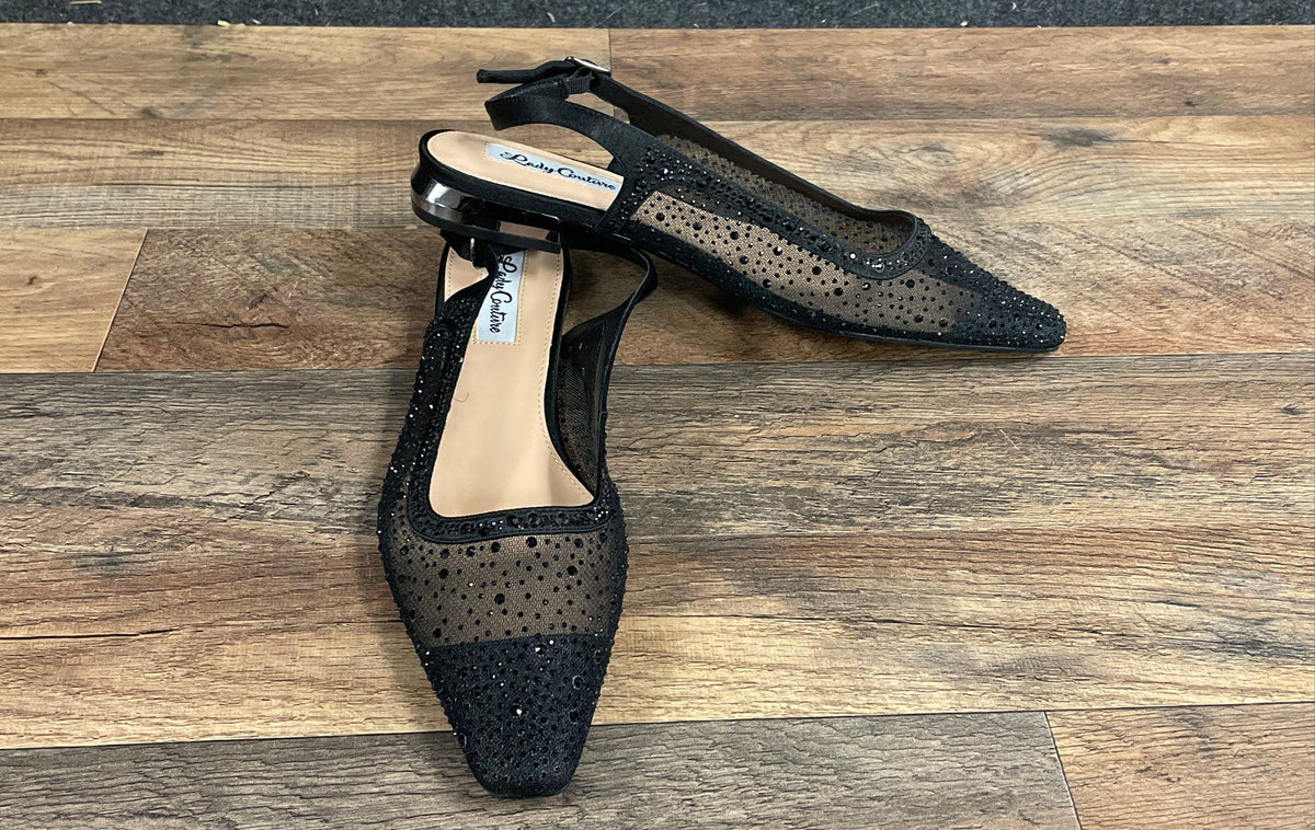 Lady Couture Kara Black Mesh Rhinestone Slingback Flats Size 9