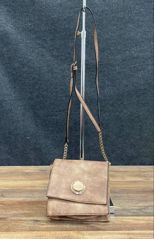 Tan Distressed Faux Leather Crossbody Shoulder Bag Circular Turn Lock Hardware