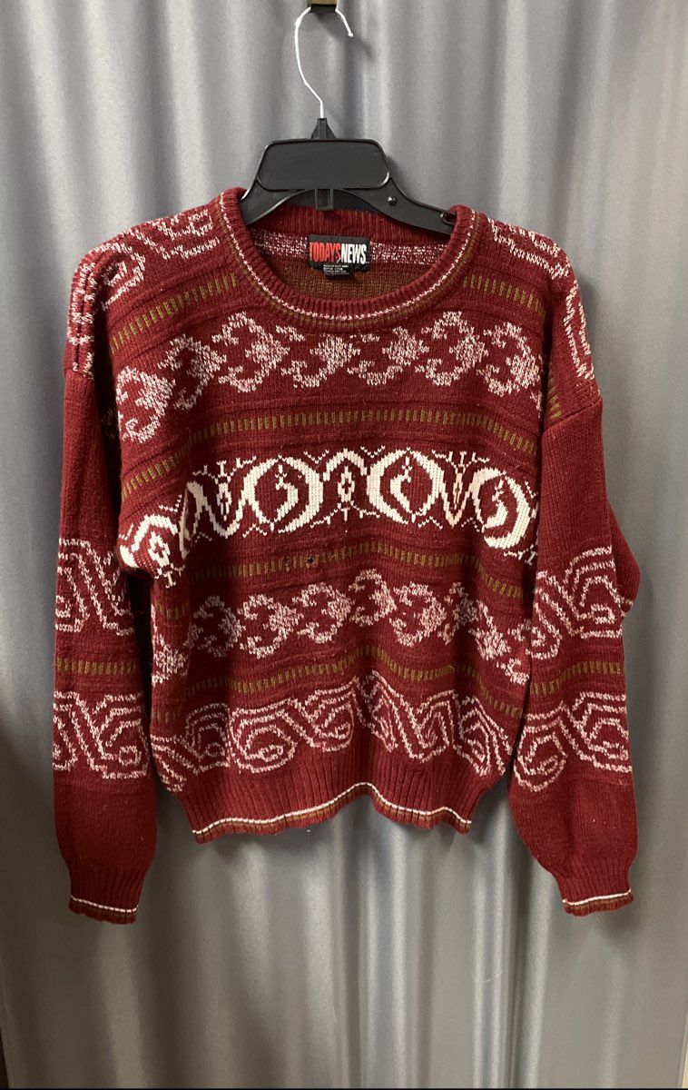 Vintage 90s Todays News Geometric Fair Isle Knit Burgundy Sweater Sz M