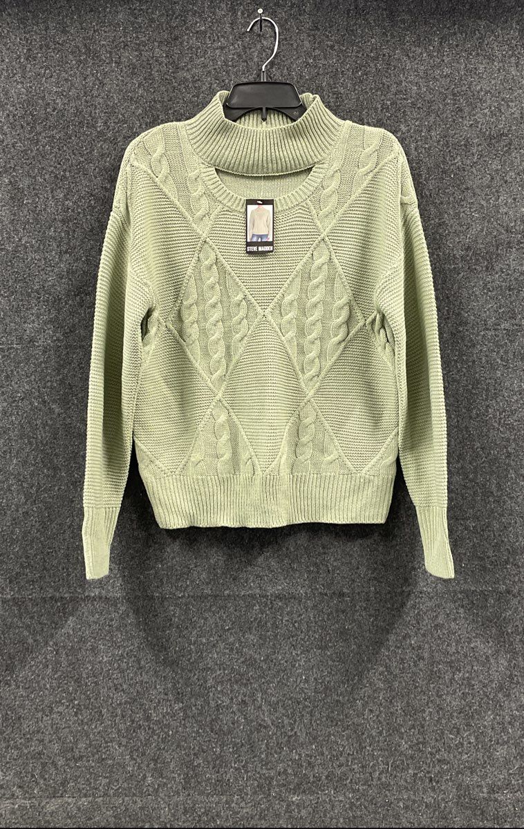 Steve Madden Women's Sage Green Cutout High Neck Cable Knit Sweater Sz M NWT