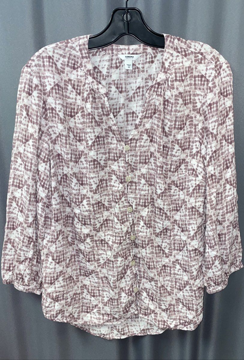 Sonoma Women's Pink White Geometric Rayon Long Sleeve Button Up Shirt Sz M
