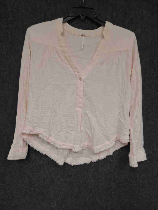 Free People Women's Pink Gauze Henley Long Sleeve Raw Hem Blouse Size XS