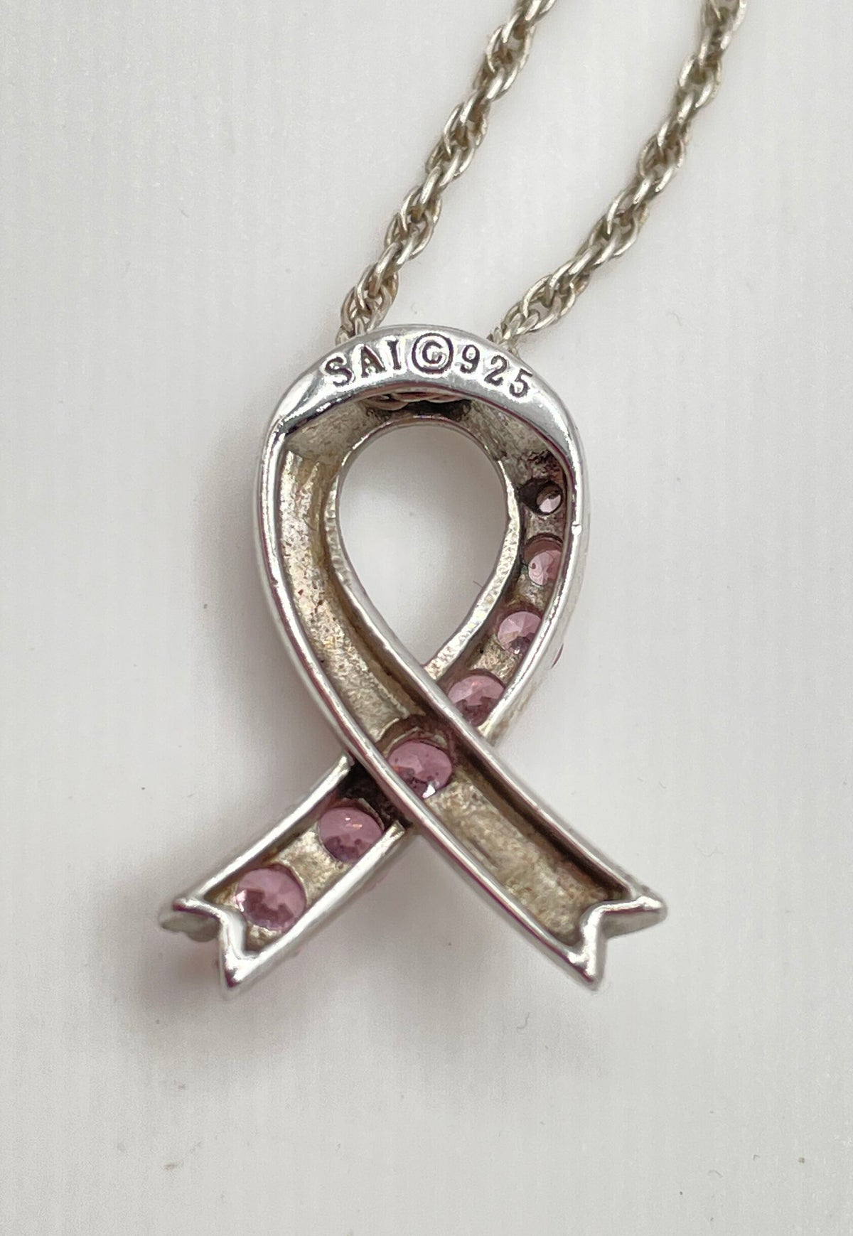 925 Sterling Silver Pink CZ Breast Cancer Awareness Ribbon Pendant Necklace 3.4g