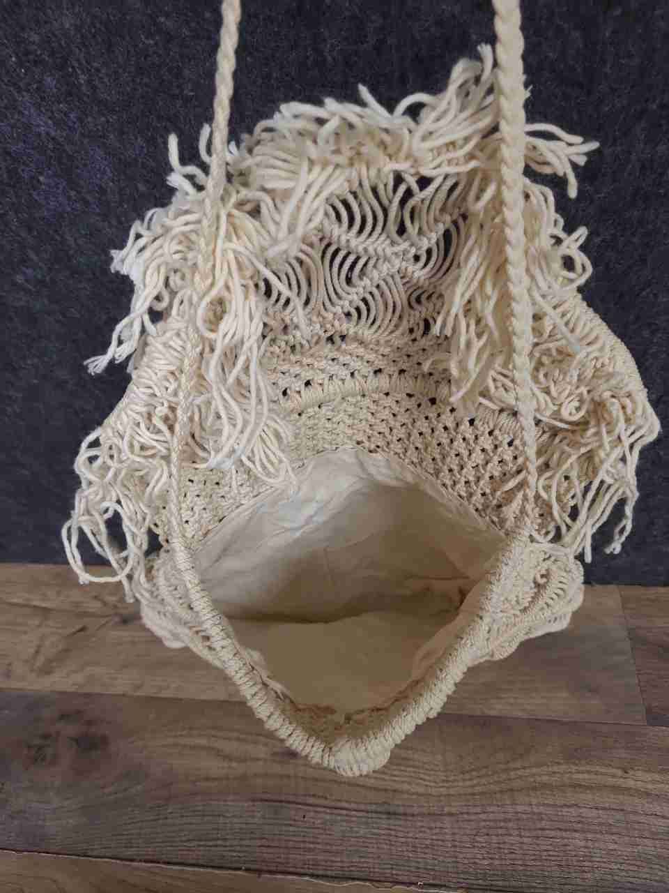 Vintage Cream Macrame Boho Shoulder Bag Fringe Knotted Cotton 70s Style