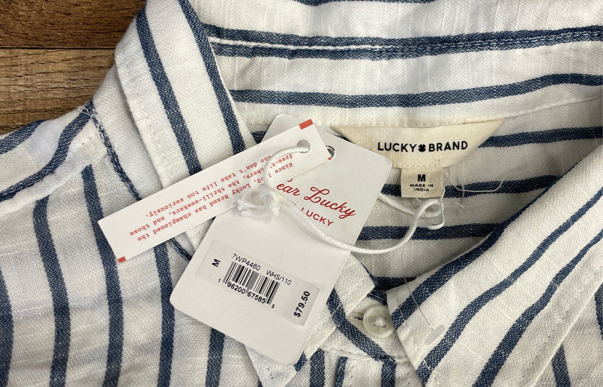 Lucky Brand Women's Blue White Striped Cotton Modal Button Down Shirt NWT Sz M