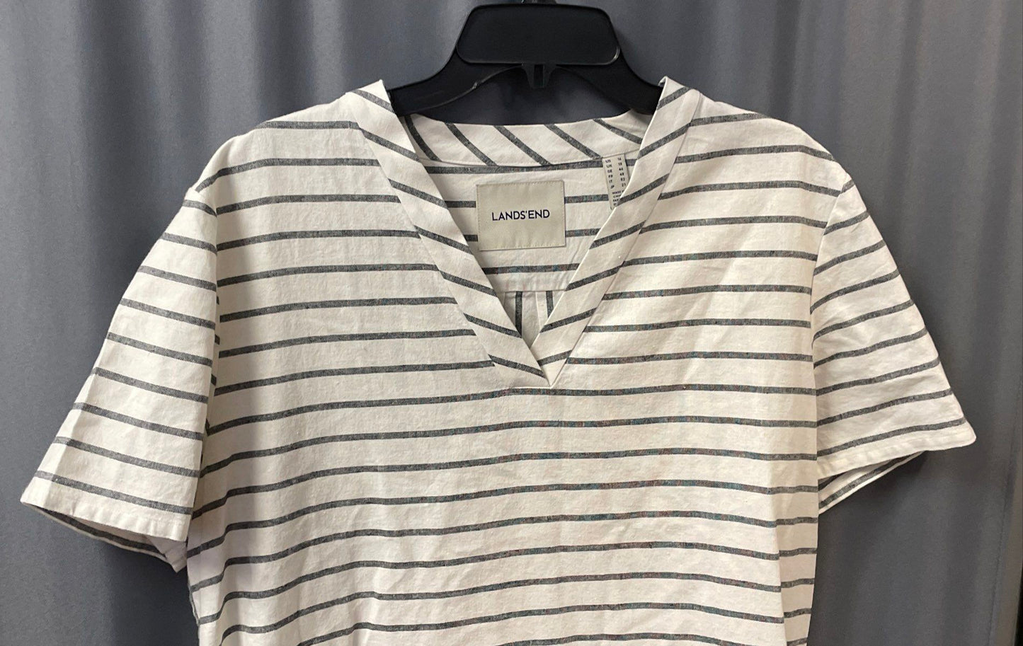 Land's End Women's Striped Cotton Linen V-Neck Short Sleeve Shift Dress Sz 16