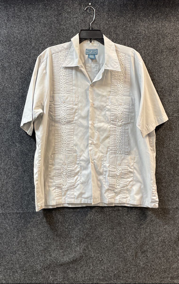 TropiCool Men's Grey Embroidered 4-Pocket Guayabera Short Sleeve Shirt Sz L