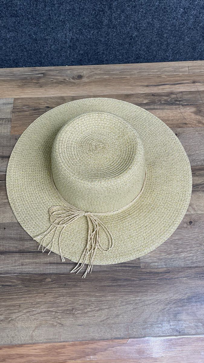 Fair Weather Women's Wide Brim Sun Hat Tan Gold Metallic Straw Boater One Size