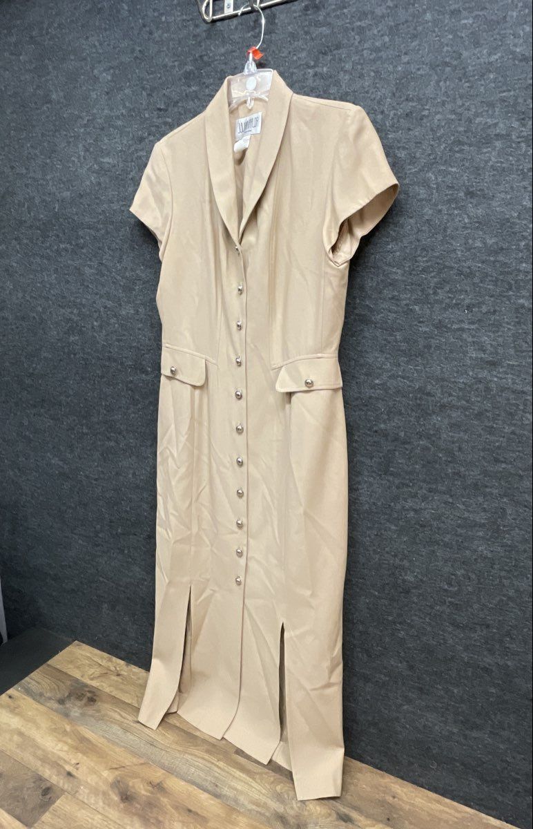 Vintage 90s Julian Taylor Women's Tan Shawl Collar Button Front Midi Dress Sz 8