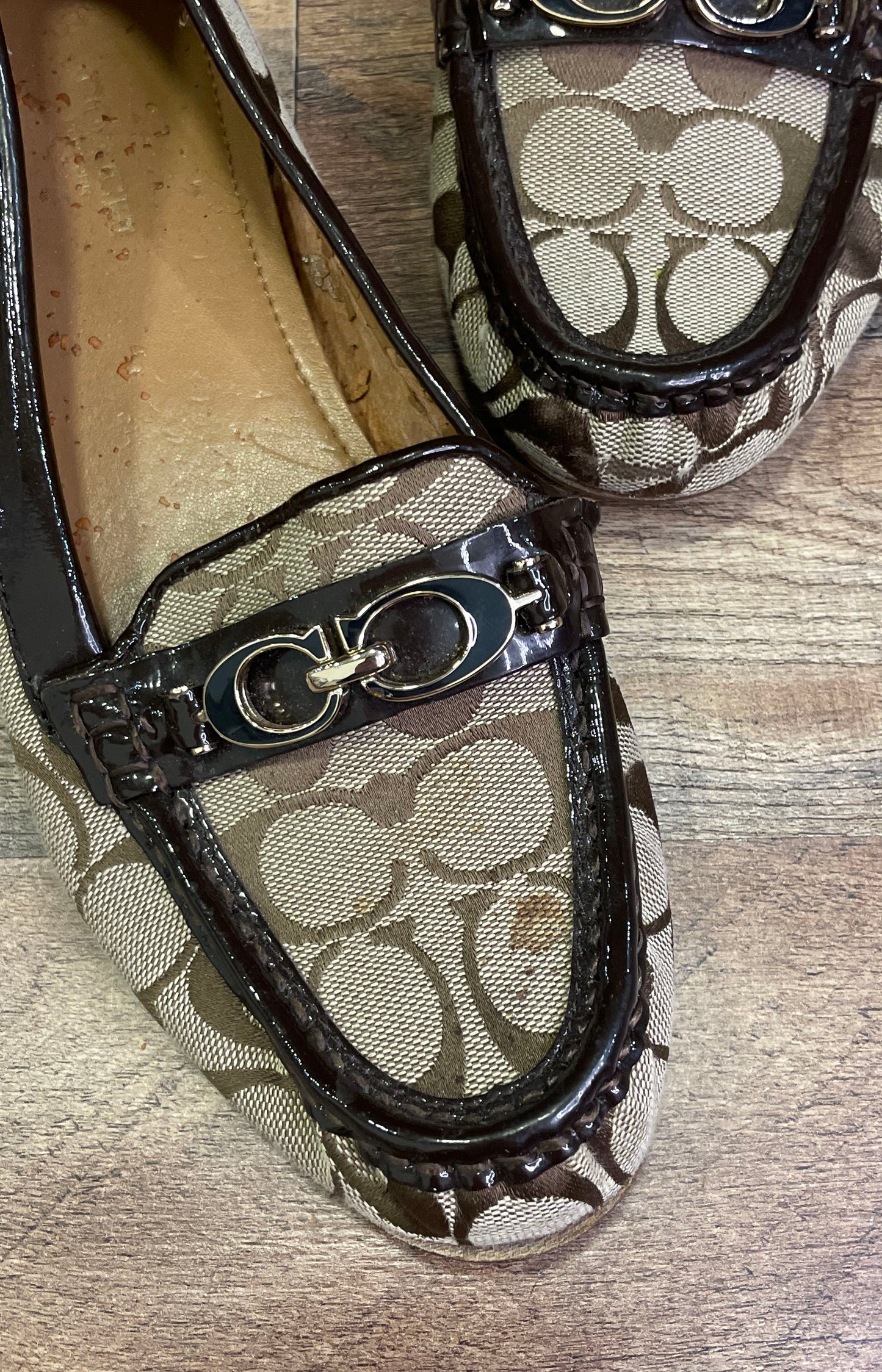 Coach Fortune Signature Canvas Brown Patent Leather Driver Loafers Size 8B