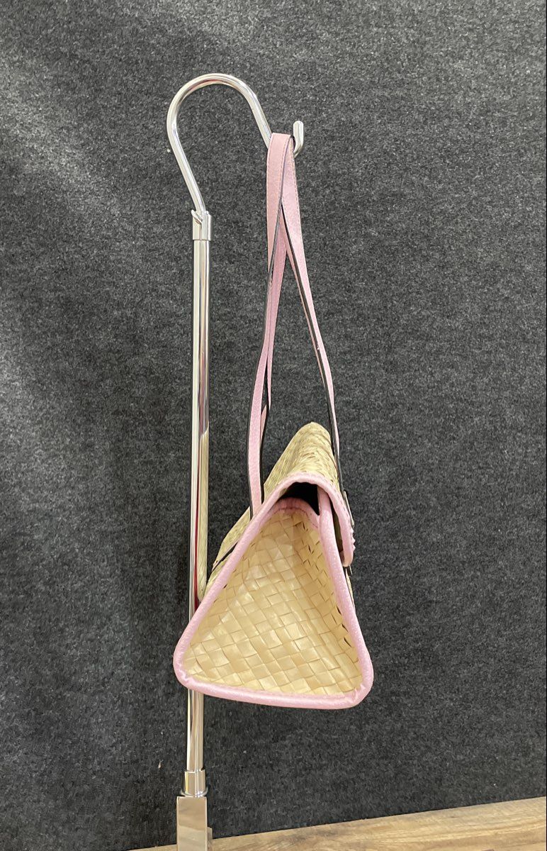 Apt. 9 Women's Pink Beige Woven Straw Shoulder Purse Bag Polka Dot Lining