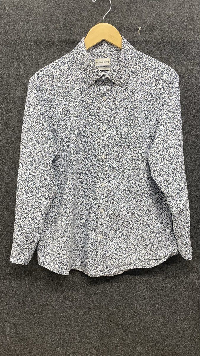 Lucky Brand Men's Slim Fit Button Up Shirt Blue White Floral Stretch Size L