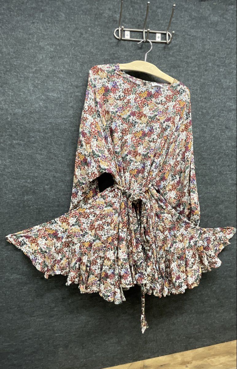 Women's Multicolor Floral Batwing Sleeve Braided Belt Ruffle Tiered Mini Dress