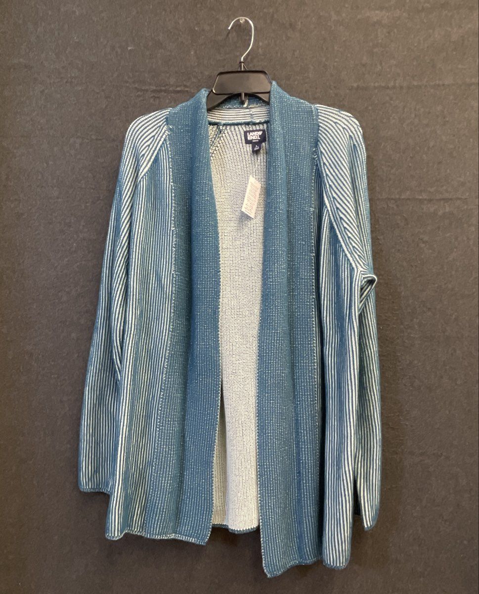 Lands' End Women's Drifter Cardigan Blue White Cotton Open Front Sz L NWT