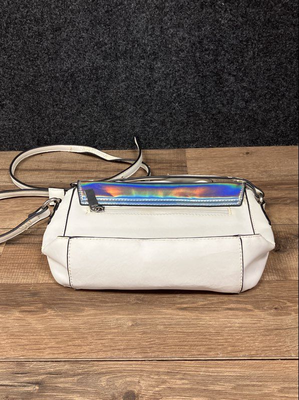 White Holographic Iridescent Crossbody Bag Faux Leather Silver Hardware Small