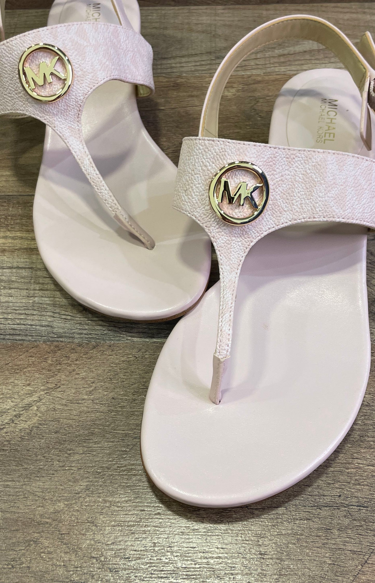 Michael Kors Jilly Pale Pink Monogram T-Strap Wedge Sandals Women's Size 8.5