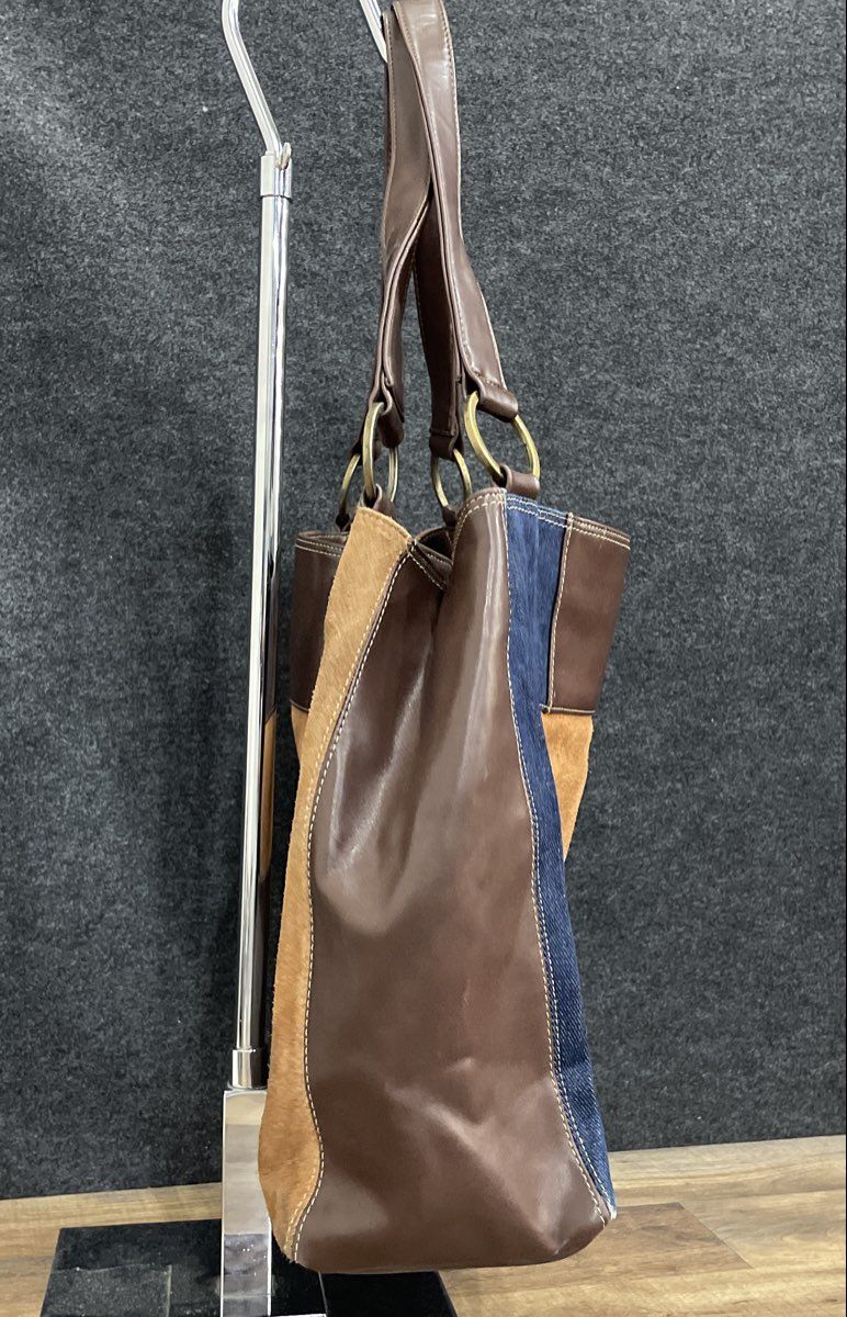 Nine West Blue Tan Brown Patchwork Denim Suede Leather Tote Bag Purse