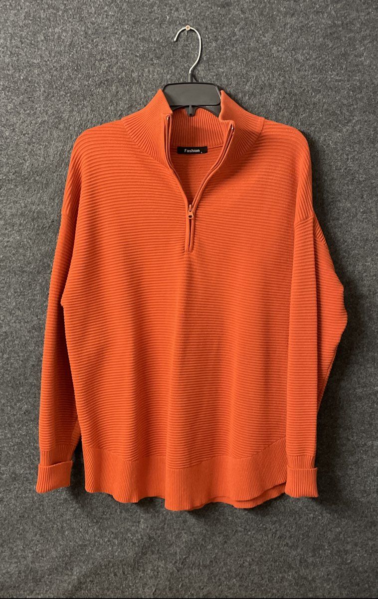 Fashion Women's Sweater Orange Ribbed Knit Half-Zip Pullover Size L