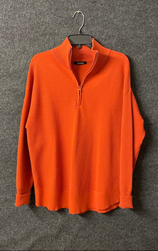 Fashion Women's Sweater Orange Ribbed Knit Half-Zip Pullover Size L