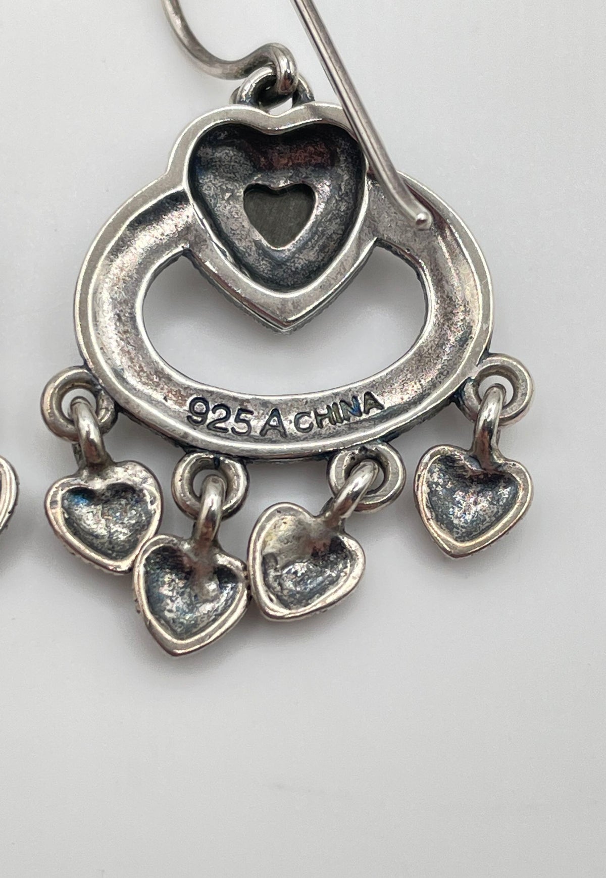 925 Sterling Silver Marcasite Heart Chandelier Dangle Earrings 6.5g
