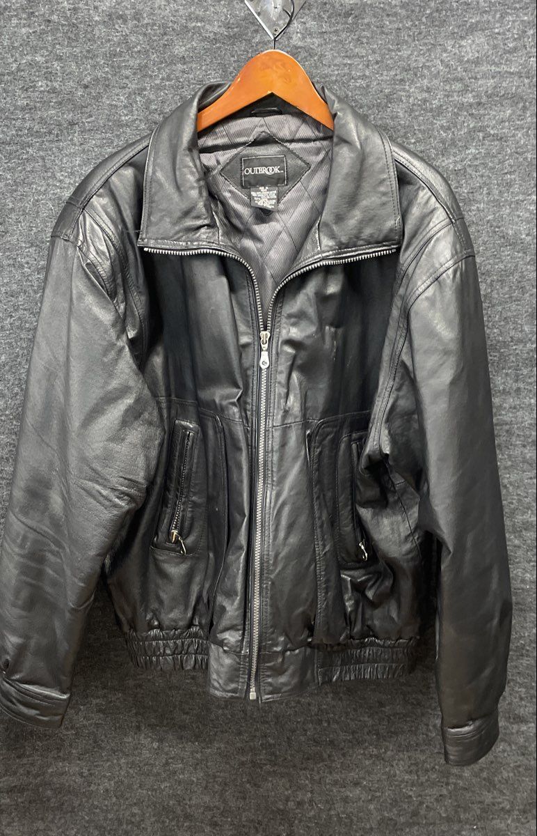 Vintage 90s Outbrook Men's Black Genuine Leather Bomber Jacket Sz XL