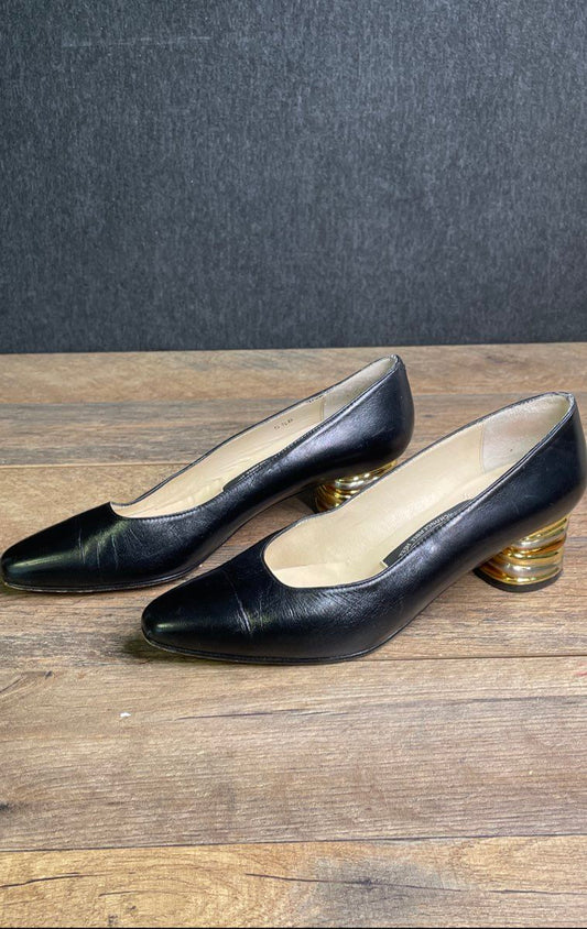 Vintage 80s Rose-Lee Beverly Hills Sculptural Heel Black Leather Pumps Sz 5.5
