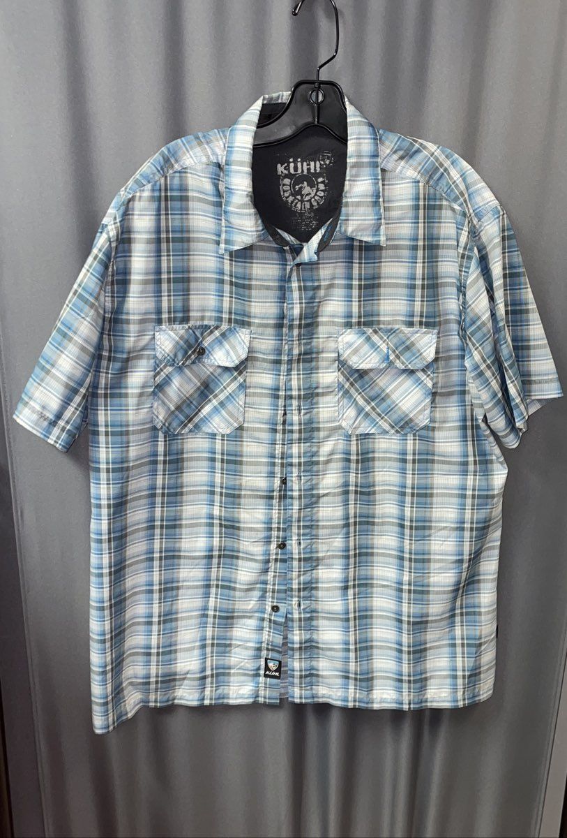 Kuhl Men's Blue Plaid Short Sleeve Polyester Button Up Shirt Sz XL