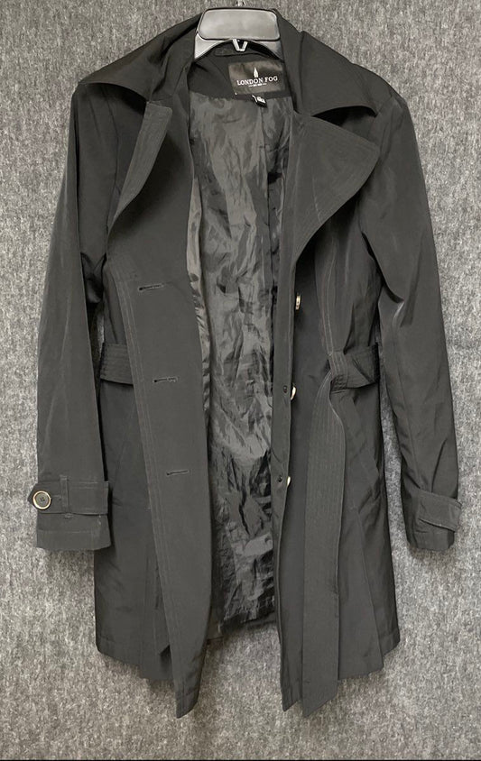 London Fog Women's Black Hooded Belted Trench Coat Size Medium