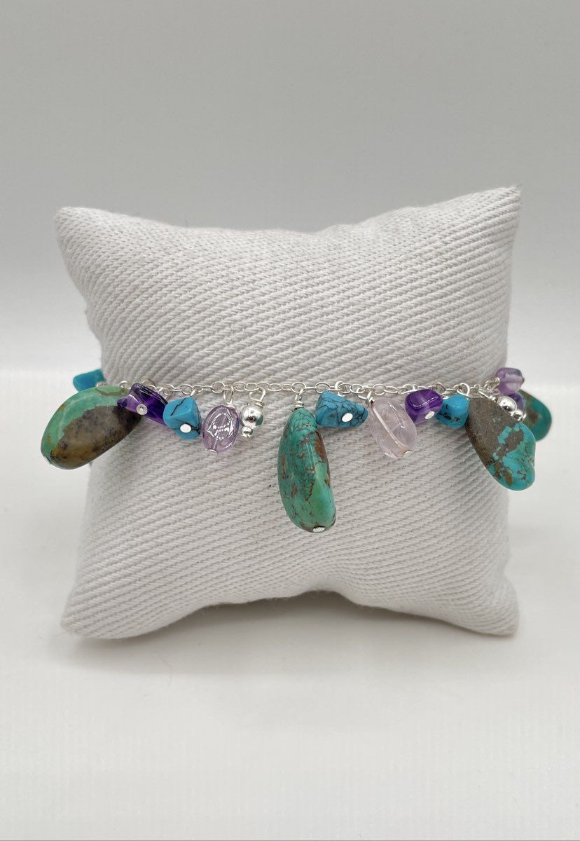925 Sterling Silver Turquoise & Amethyst Charm Bracelet 16.5g