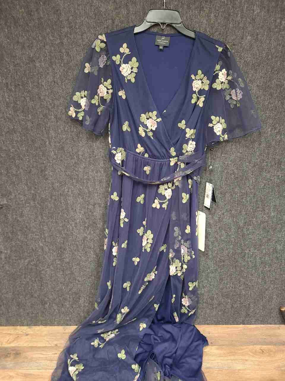 Adrianna Papell Women's Navy Multi Floral Embroidered Flutter Maxi Dress Sz S