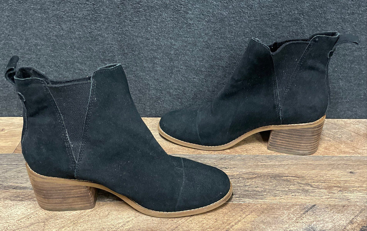 Toms Kelsey Black Suede Block Heel Ankle Chelsea Boots Women's Size 9