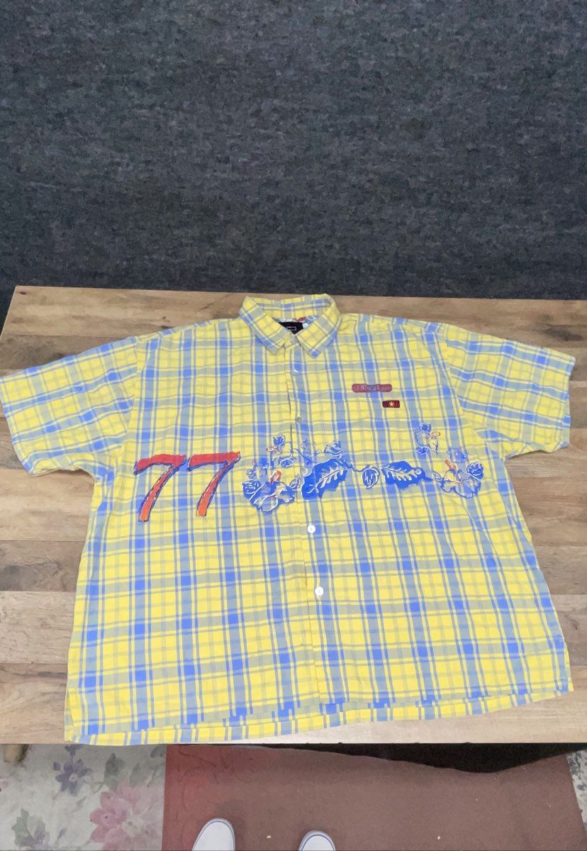 Vintage 90s Bugle Boy Men's Yellow Blue Plaid Graphic Button Down Shirt 2X