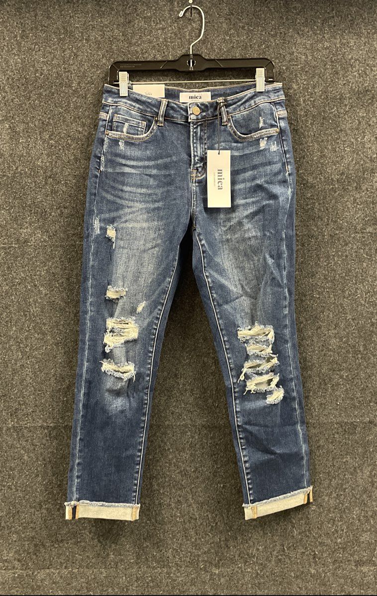 Mica Denim Women's Blue High Rise Boy Crop Distressed Ripped Jeans NWT Size 27