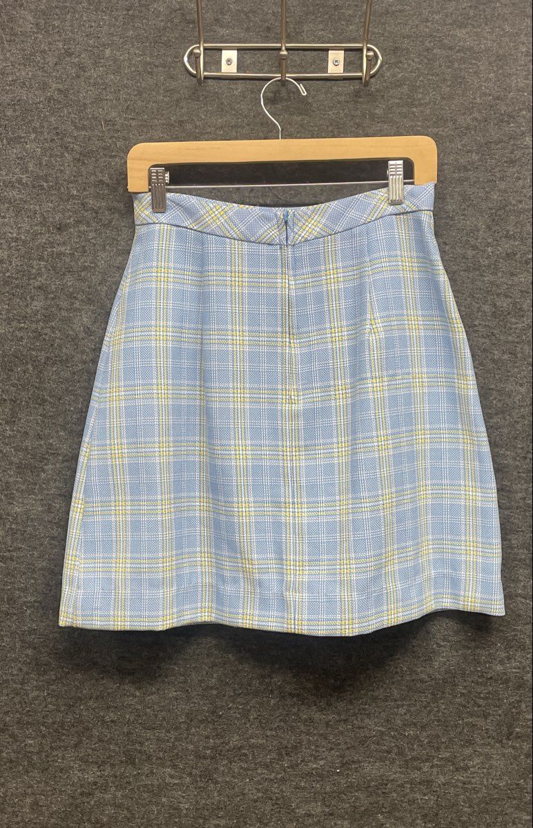 Vintage 70s Sears JR Bazaar Women's Blue Yellow Plaid Pleated Mini Skirt Size 13