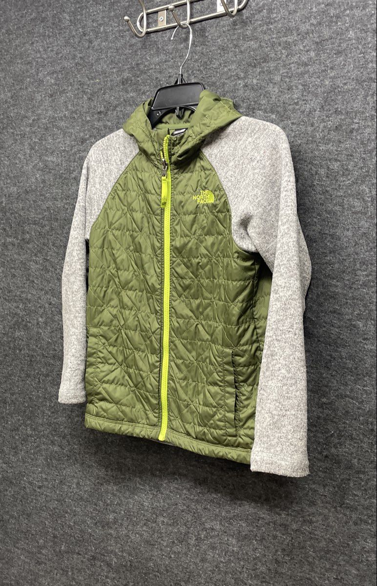 The North Face Boy's Hybrid Quilted Fleece Hooded Jacket Green Grey Sz M 10/12