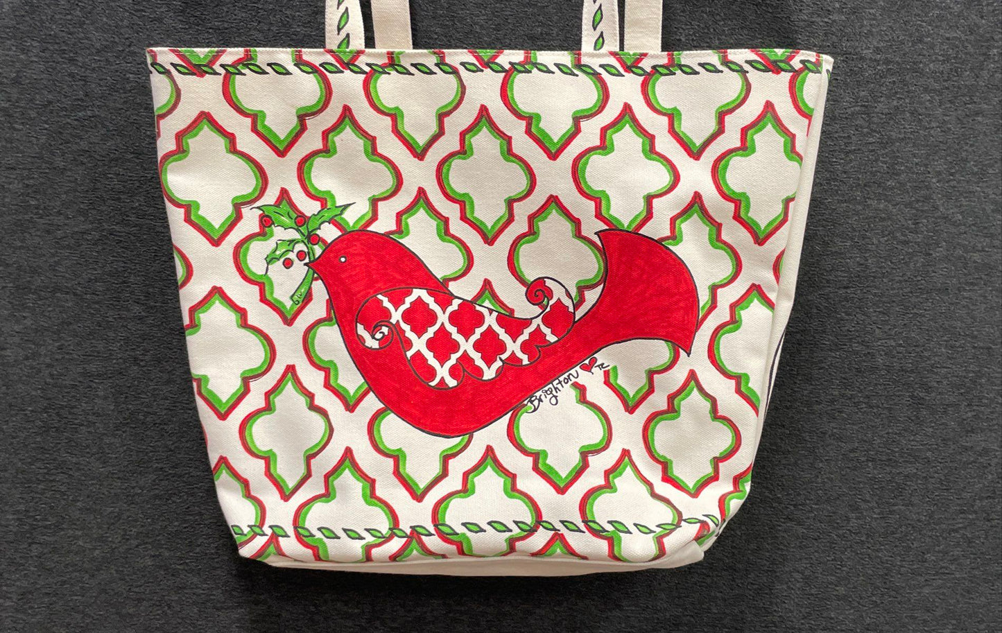 Brighton White Holiday Christmas Joy Heart Bird Canvas Tote Bag Large