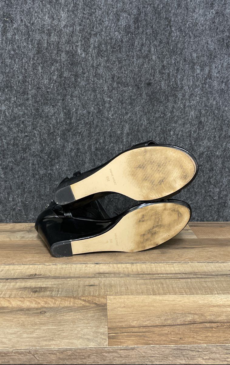 Nine West Black Patent Leather Ankle-Strap Block-Heel Sandals Size 8M