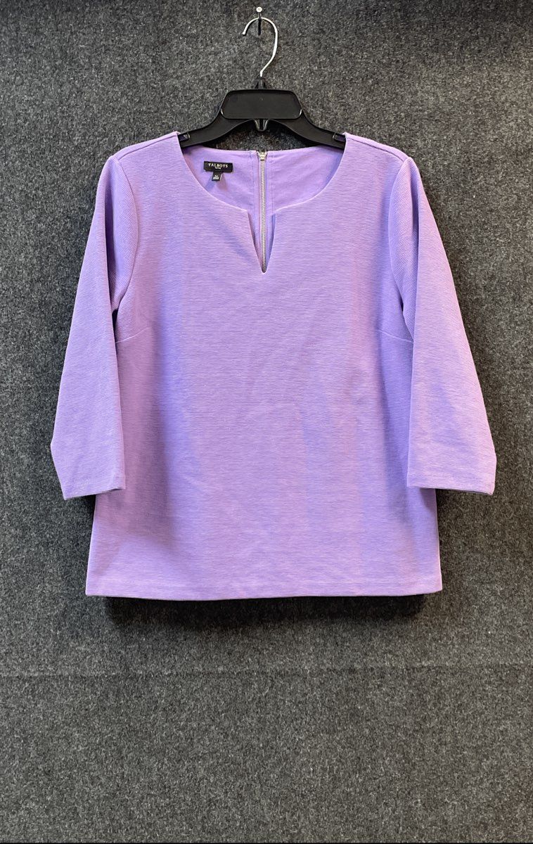 Talbots Women's Purple Ribbed Split Neck 3/4 Sleeve Back Zip Shirt Sz LP
