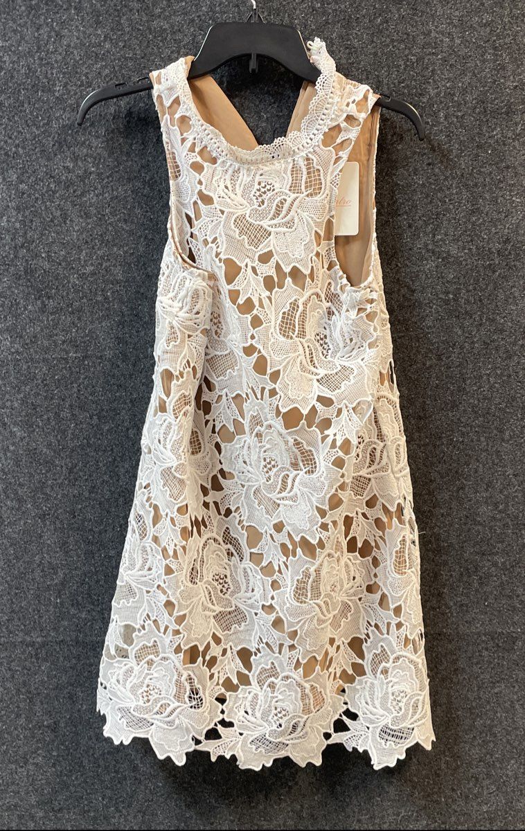 Entro Women's Floral Guipure Lace Overlay Dress White Tan Sleeveless NWT Sz S