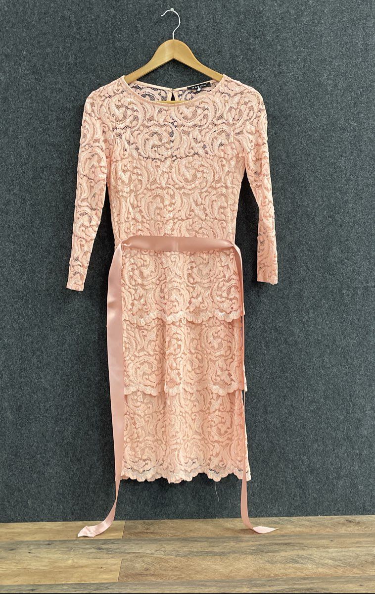 Marina Women's Peach Pink Lace Tiered Long Sleeve Sash Dress Sz 4